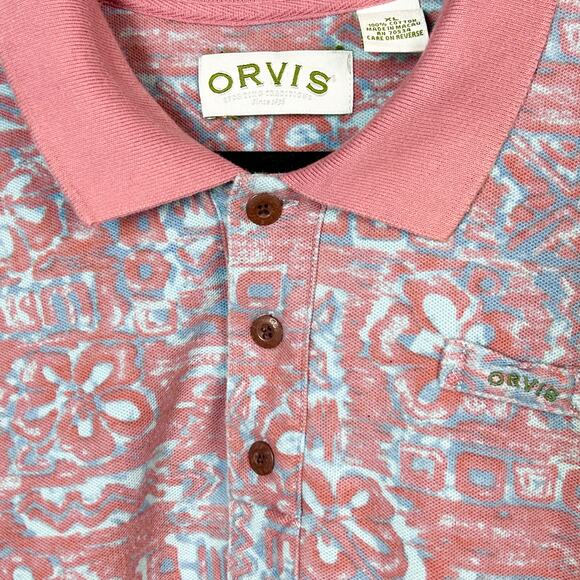 Orvis polo shirt men's XL Hawaiian Vintage pink batik camp shirt - Picture 5 of 7